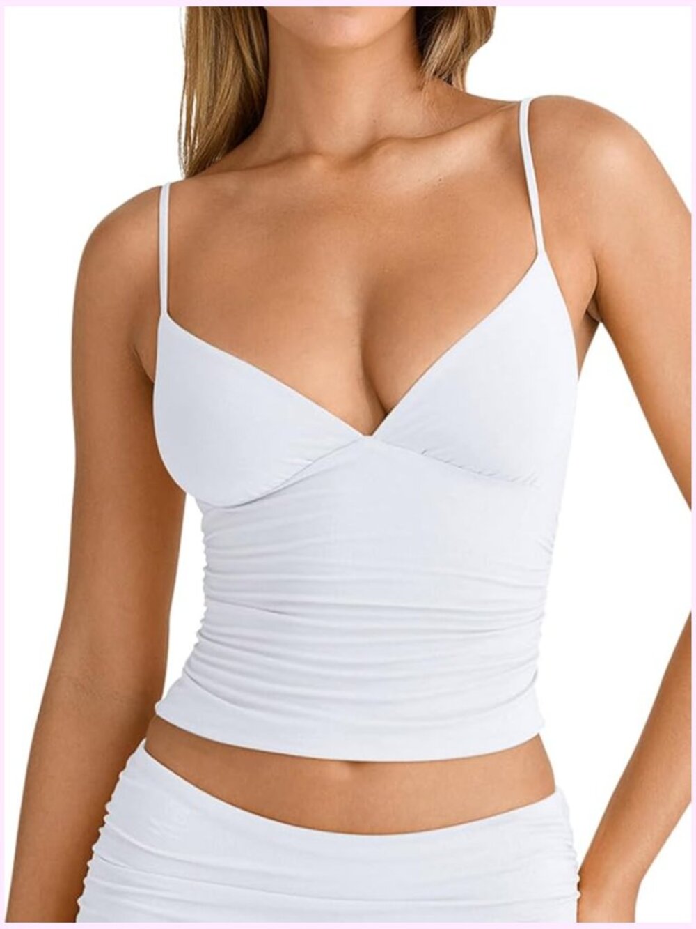 Women's Sexy V Neck Ruched Cami Top Double Layer Fitted Crop Tank Sleeveless